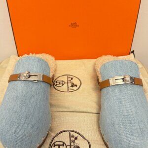 Hermes Sherpa Lined Denim Mules Size 36 Womens